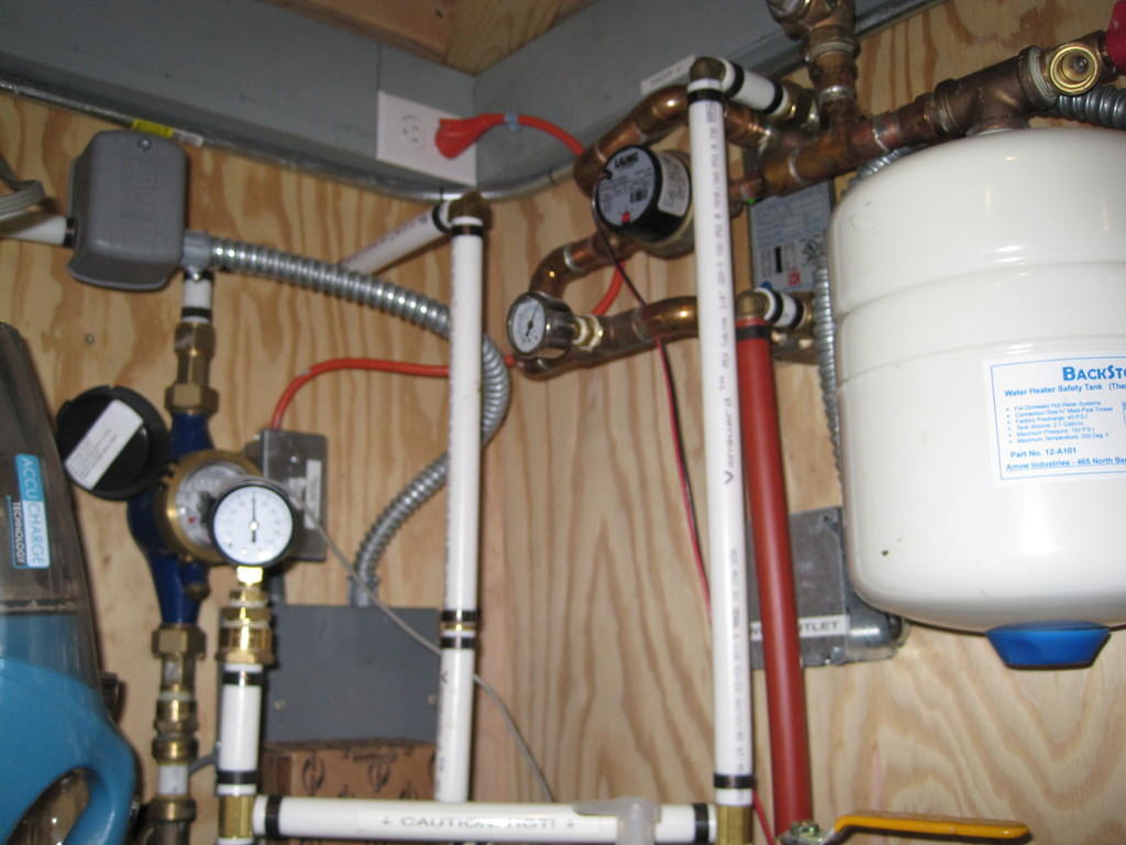 Flat plate heat exchanger, expansion tank, glycol circulation pump, water meter, and water pressure gauge