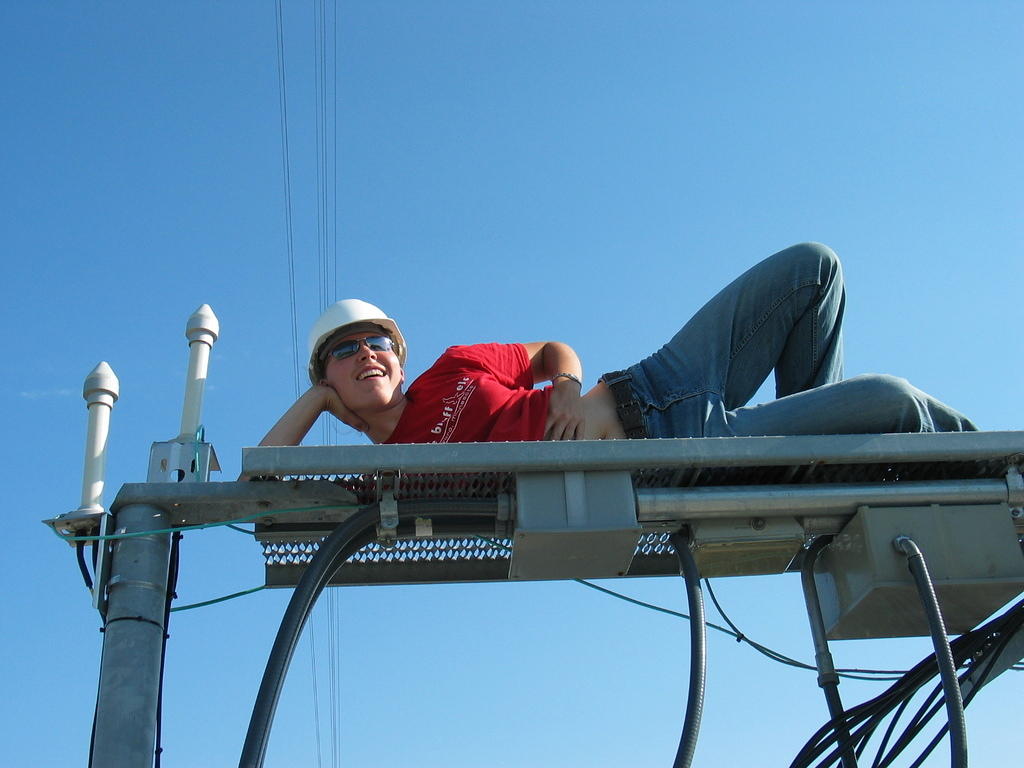 Alyssa Anderson climbed up on the ice bridge to check antenna alignment