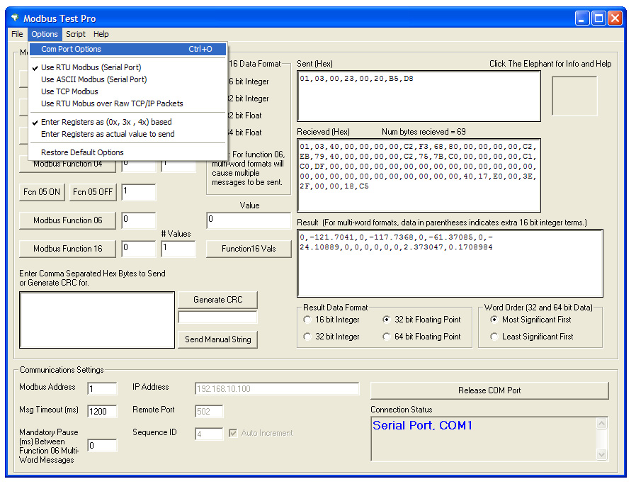 Testing MODBUS Communications: "Com port options" menu is used to set the serial port speed and other settings