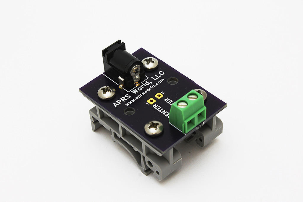 APRS6599: Power jack (2.1 mm x 5.5 mm) breakout board to screw terminals, with DIN rail clips